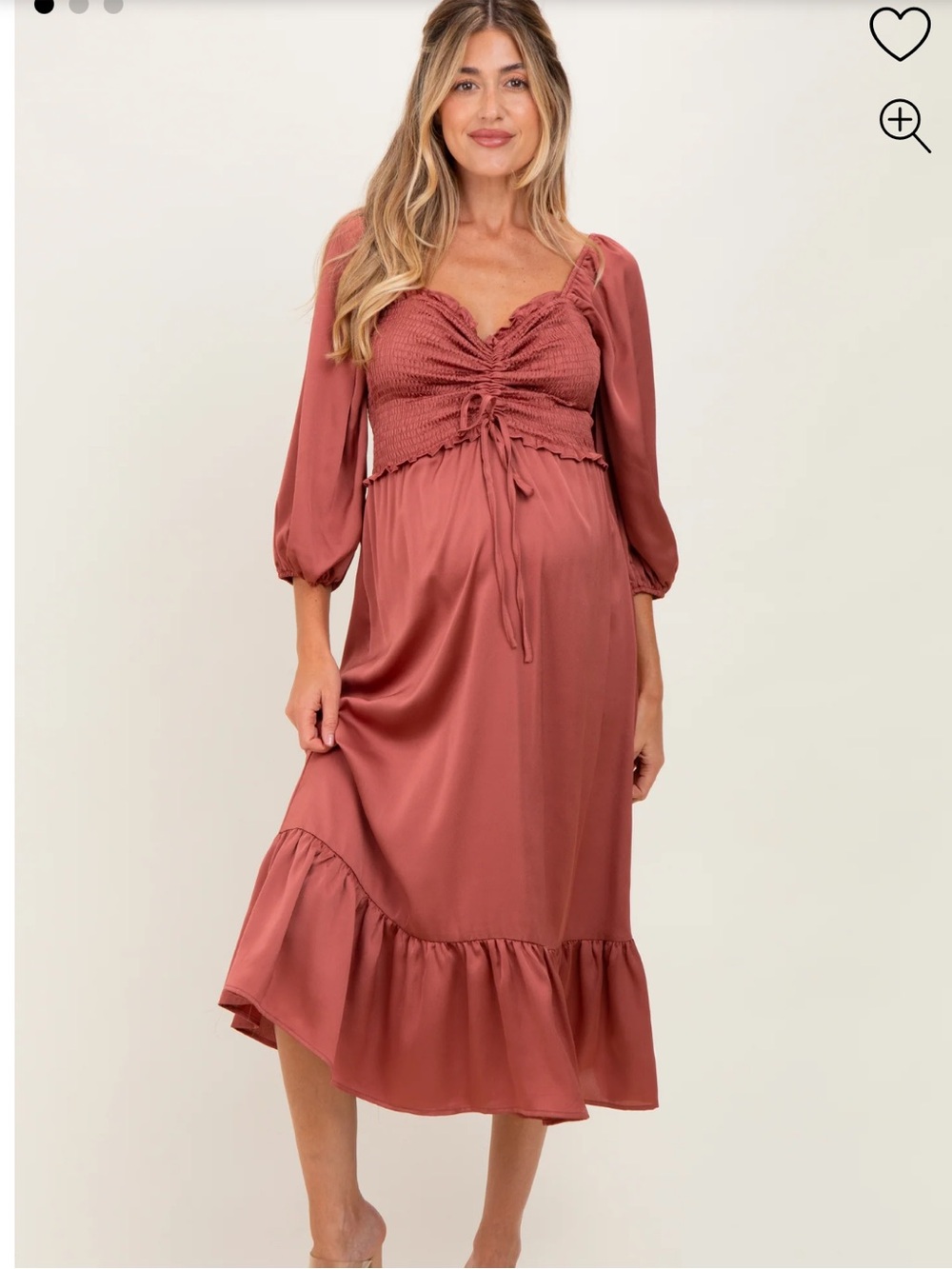 Mauve Satin Smocked Cinched Bust Maternity Midi Dress